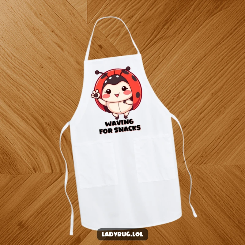 Funny ladybug apron showing a ladybug waving a leg, practical for cooking and humorous for garden lovers, a great gift.