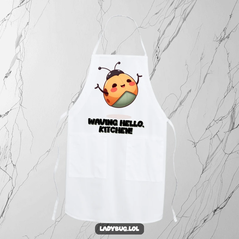 Funny ladybug apron featuring a happy ladybug enthusiastically waving its legs, designed for joyful and humorous cooking.