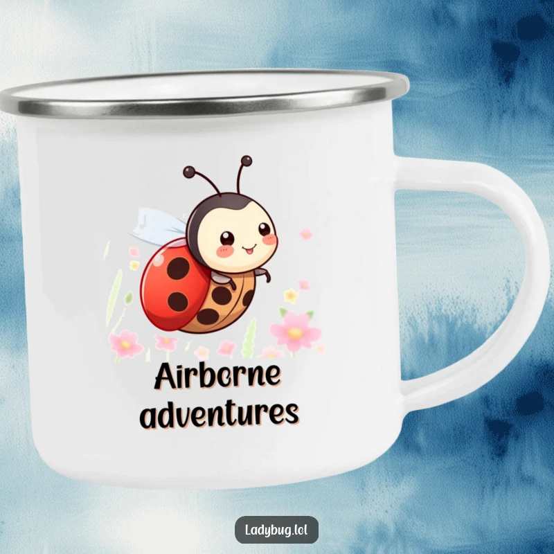 Funny camping mug with a happy ladybug character, tiny wings spread wide, joyfully zooming through the air above nature.