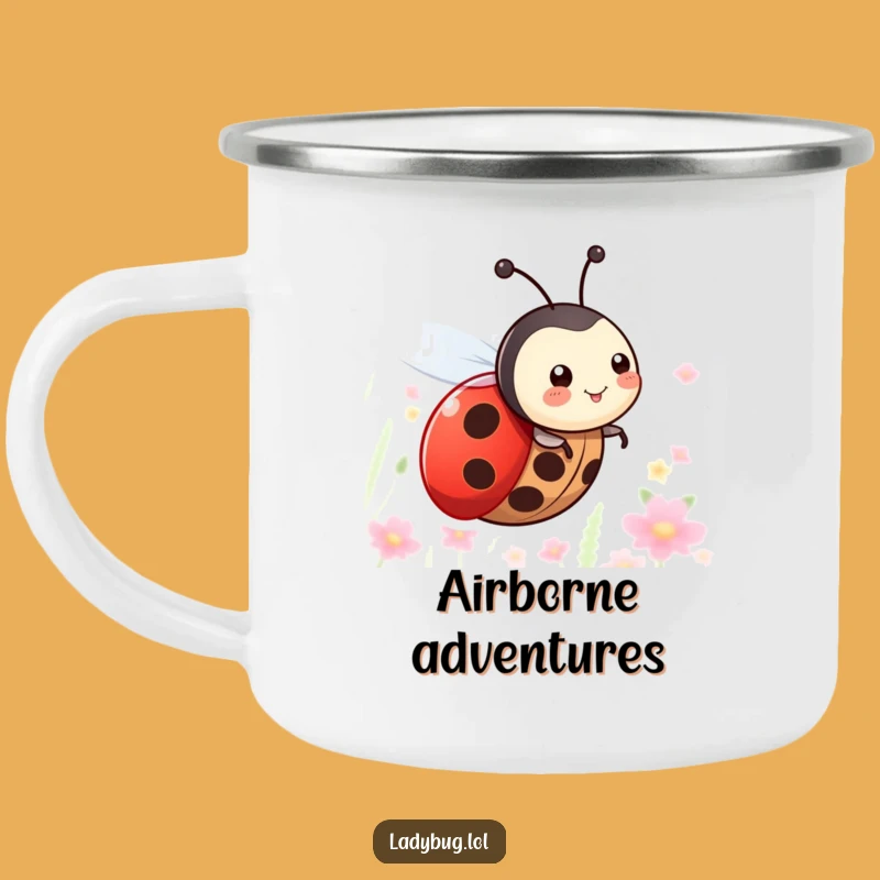 Funny Flying Ladybug Camping Mug - Enamel, Happy Insect Character Camp Gift