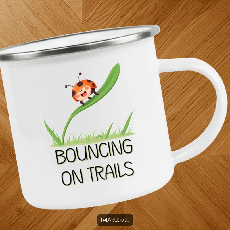 Funny ladybug bounces gleefully on a single blade of grass, radiating joy, on a sturdy camping mug.
