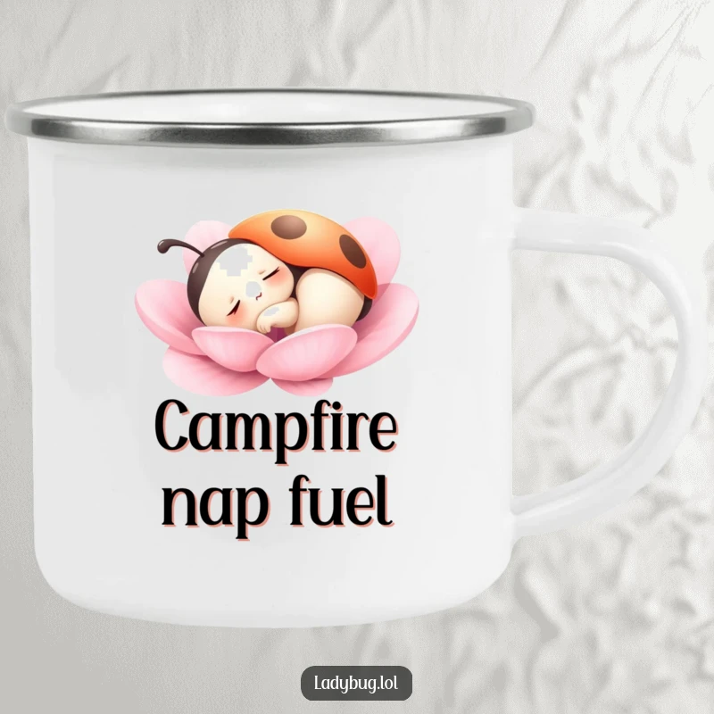 Funny camping mug featuring a ladybug character peacefully dozing on a petal, perfect for enjoying drinks outdoors with serene charm.