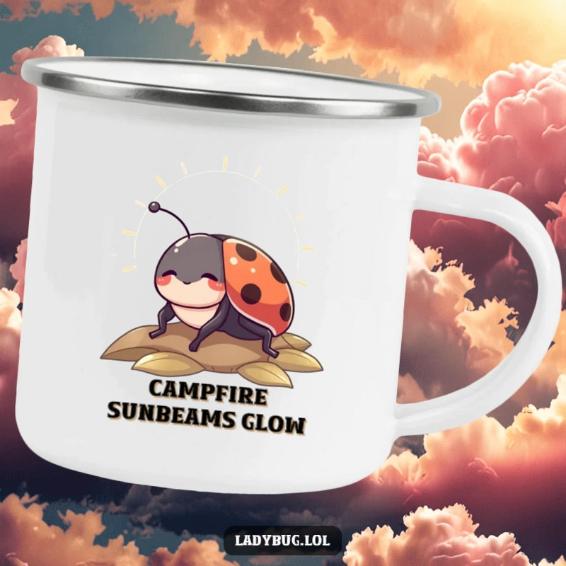 Funny camping mug featuring a content ladybug basking in a sunbeam, ideal for peaceful outdoor enjoyment.