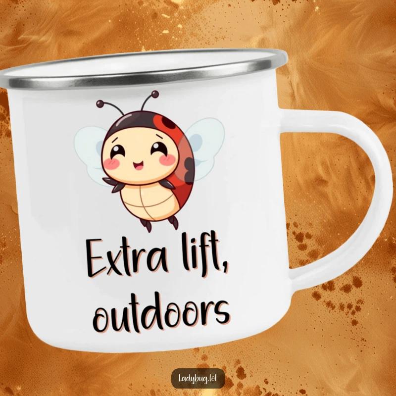 Funny ladybug extra wings camping mug, the character comically attempting to fly with extra wings, perfect for humorous adventurers.