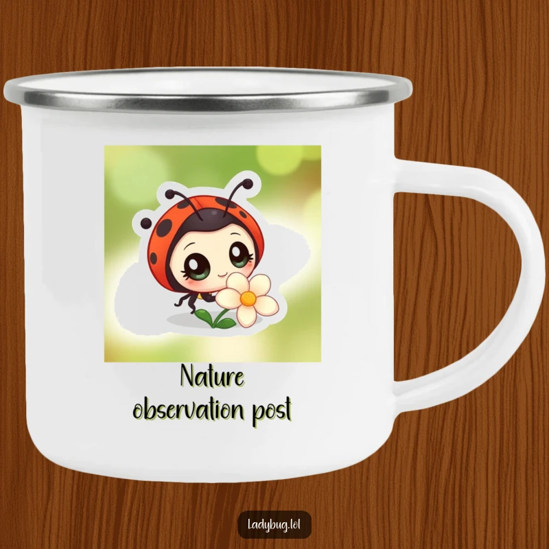 Funny camping mug featuring a ladybug character with large, curious eyes observing a flower, perfect for enjoying drinks outdoors with wonder.