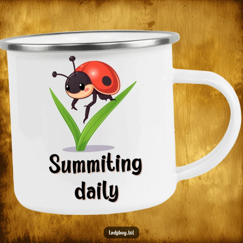 Funny ladybug camping mug: a determined ladybug character climbing a blade of grass, perfect for outdoor enthusiasts and coffee lovers.
