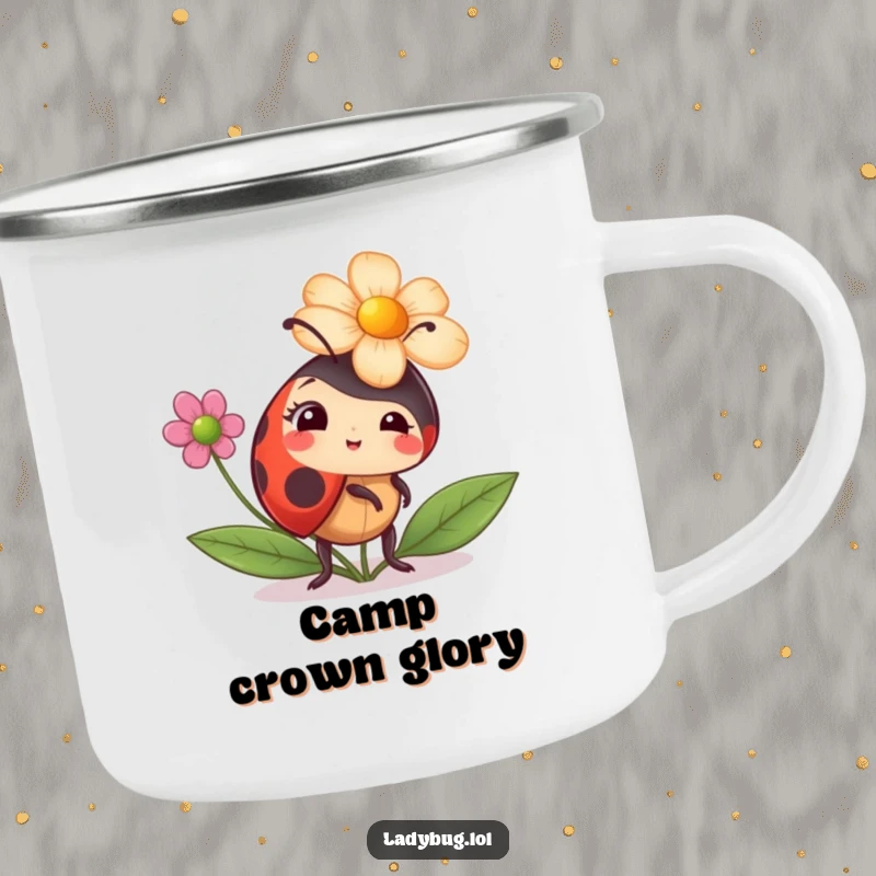 Funny ladybug camping mug with a ladybug comically trying to wear a flower as a hat, blending outdoor fun with humorous fashion.