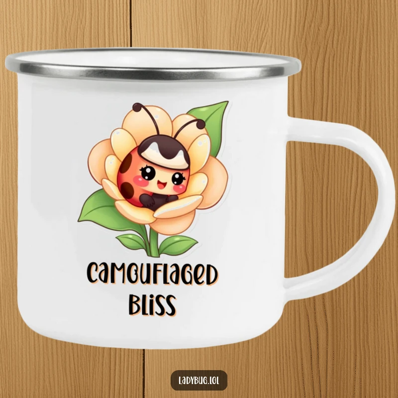 Funny camping mug featuring a giggling ladybug hiding in a flower, perfect for adding whimsical charm to adventures.
