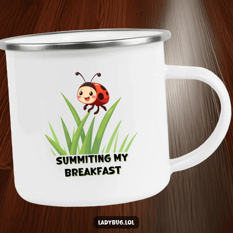 Funny giggling ladybug character enthusiastically climbing a blade of grass, on a durable camping mug for humorous outdoor enjoyment.