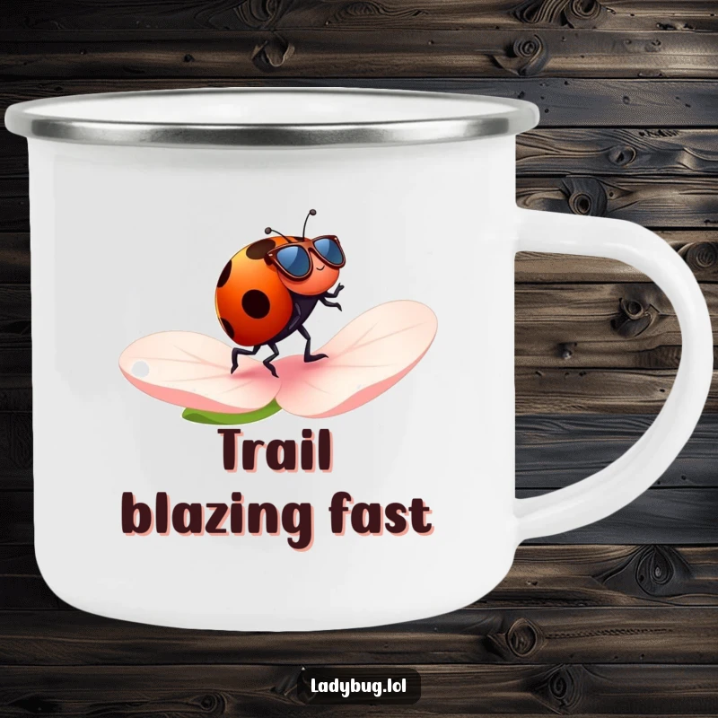 Funny ladybug camping mug with a ladybug wearing tiny sunglasses, cheerfully jogging across a petal, blending outdoor fun with humor.