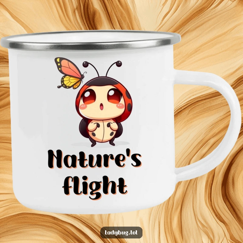 Funny ladybug camping mug featuring a ladybug character with comically wide, astonished eyes, watching a butterfly with pure fascination.