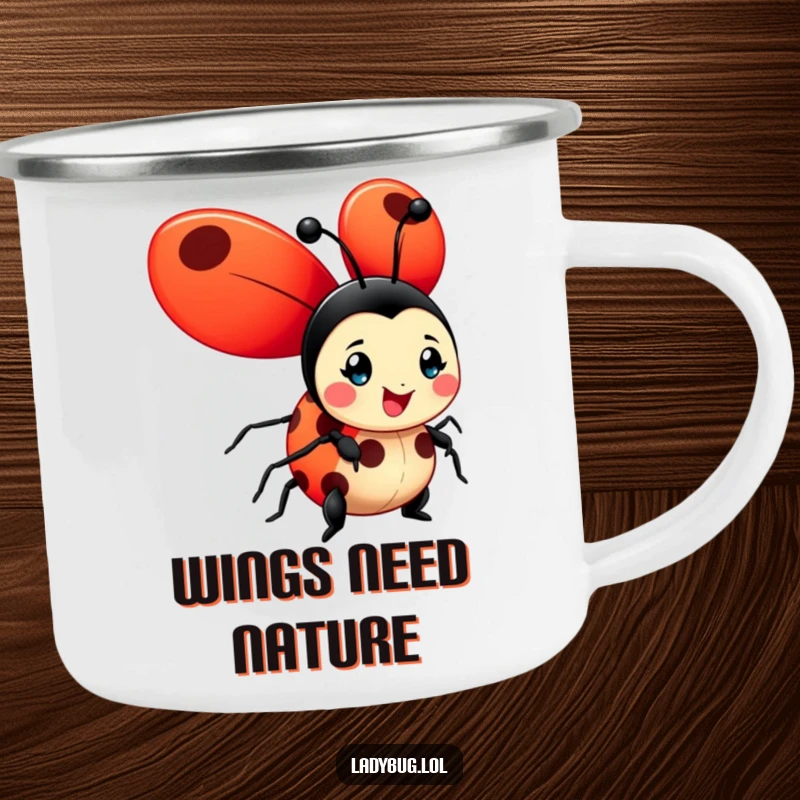 Funny ladybug camping mug featuring a cheerful character with oversized, bright red wings unfurled, ready for outdoor fun.