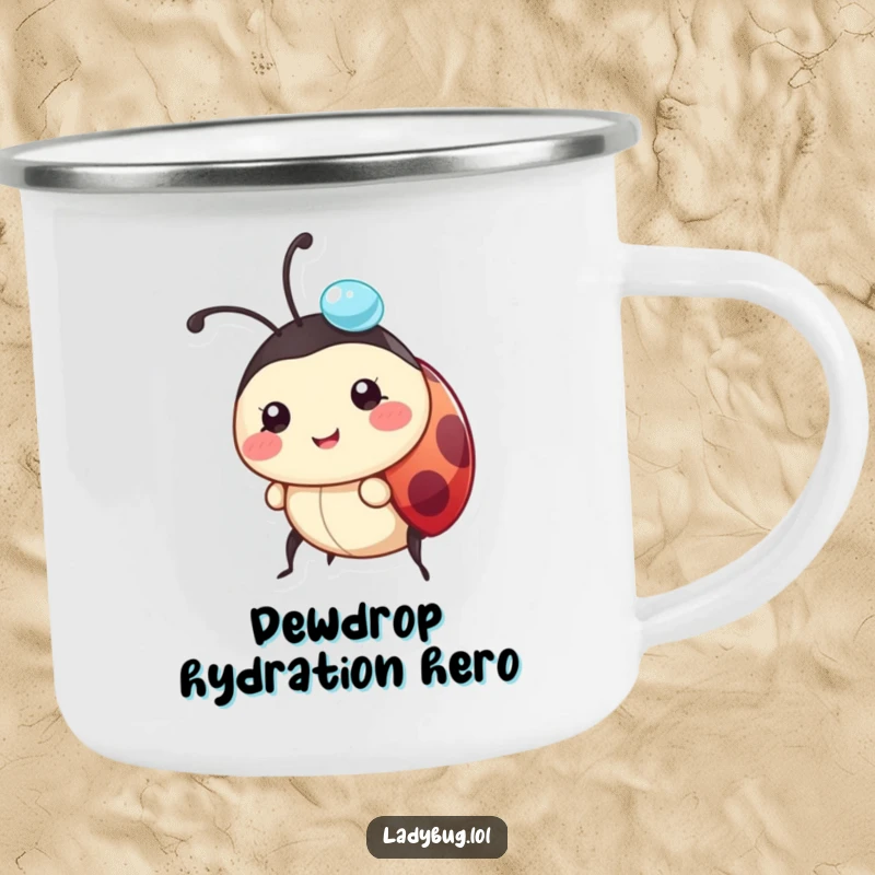 Funny ladybug camping mug featuring a happy character carrying a glistening dewdrop on its head, ready for outdoors.
