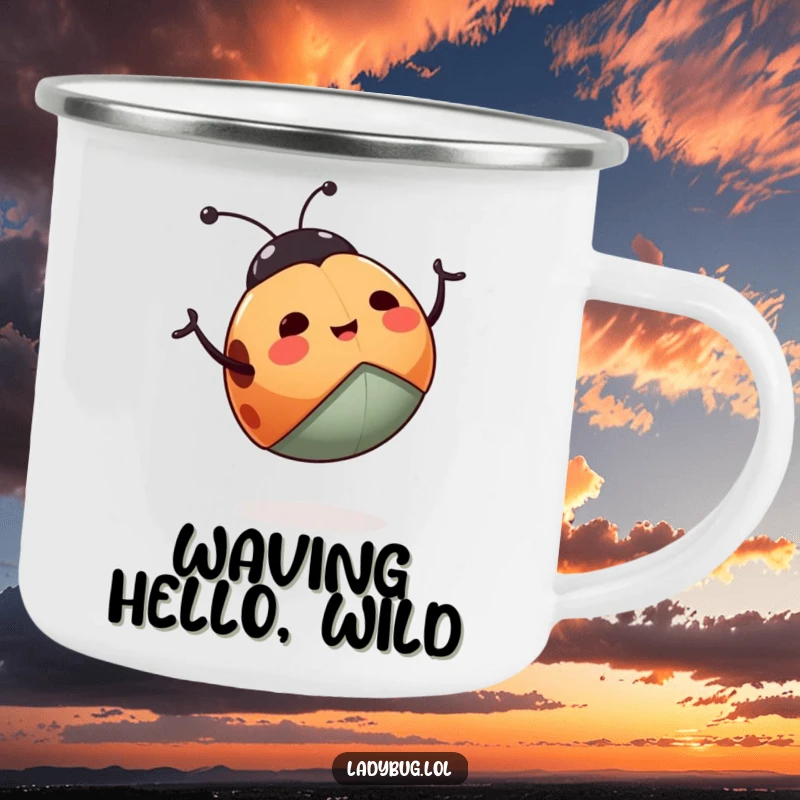 Funny ladybug camping mug featuring a happy ladybug enthusiastically waving its legs, ideal for outdoor enjoyment and humor.