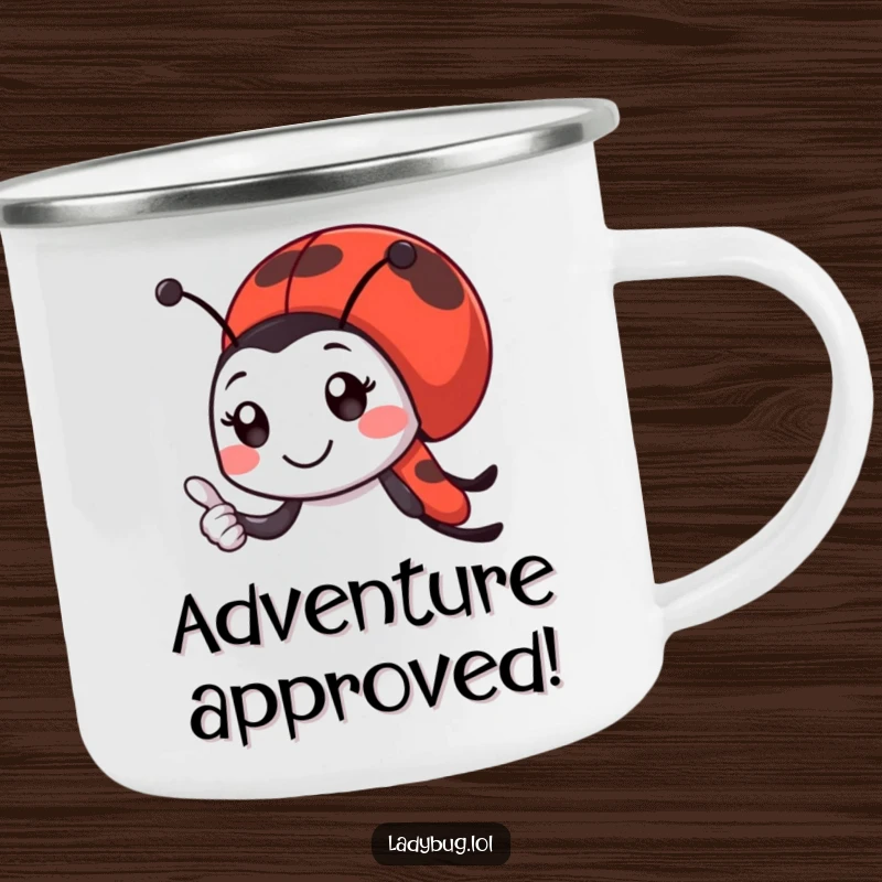 Funny ladybug camping mug showing a smiling ladybug character giving a tiny, enthusiastic thumbs-up, perfect for outdoor positivity.