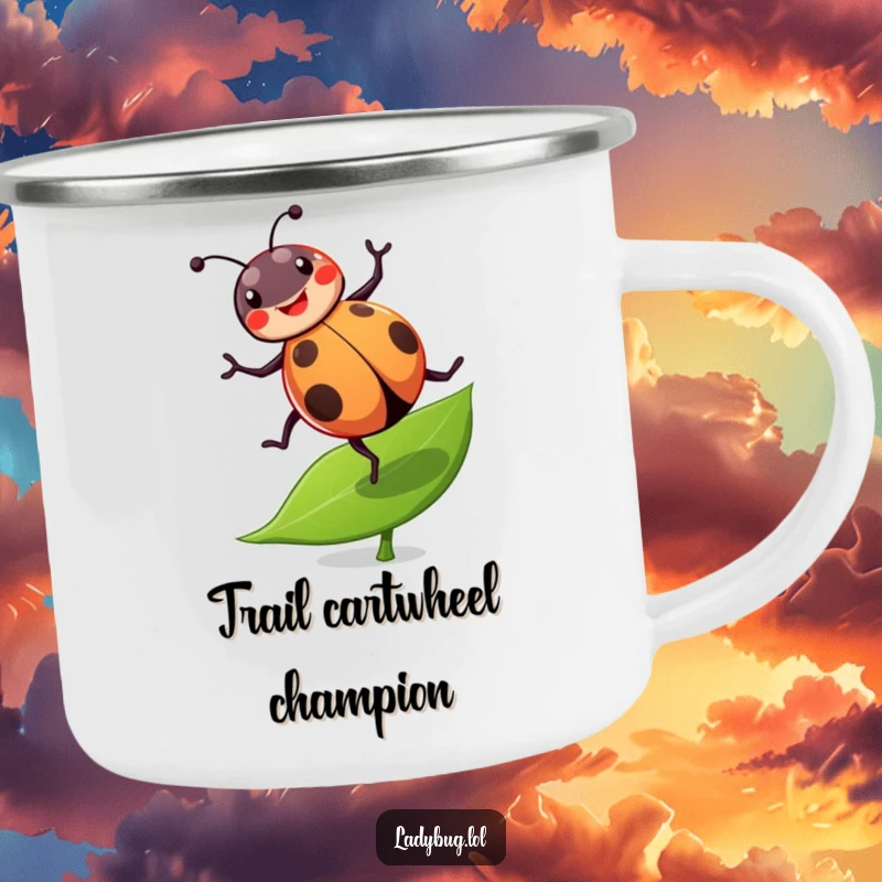 Funny ladybug camping mug showing a cheerful ladybug performing a joyful cartwheel on a leaf, for fun outdoor drinks.