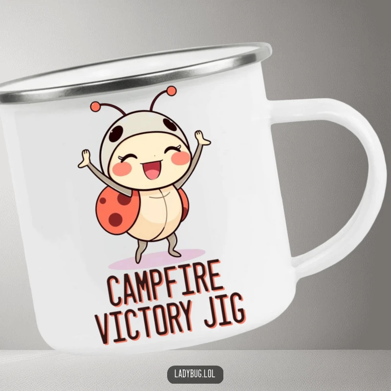 Funny ladybug camping mug showing a delighted insect character doing a triumphant little dance, ready for outdoor celebration.
