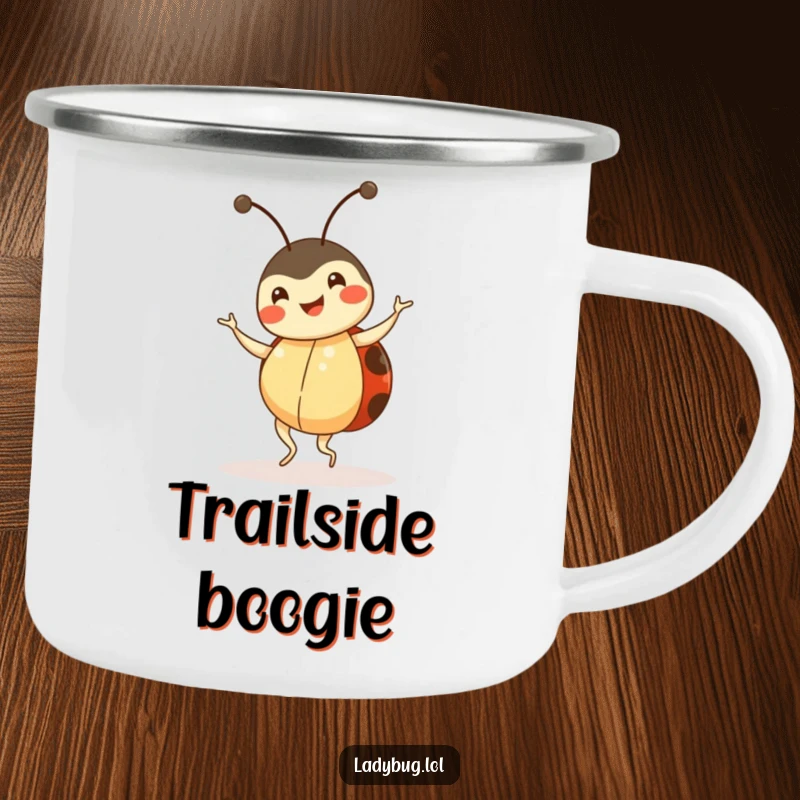 Funny ladybug camping mug, happy insect character doing a little dance, durable enamel, humorous outdoor gear.