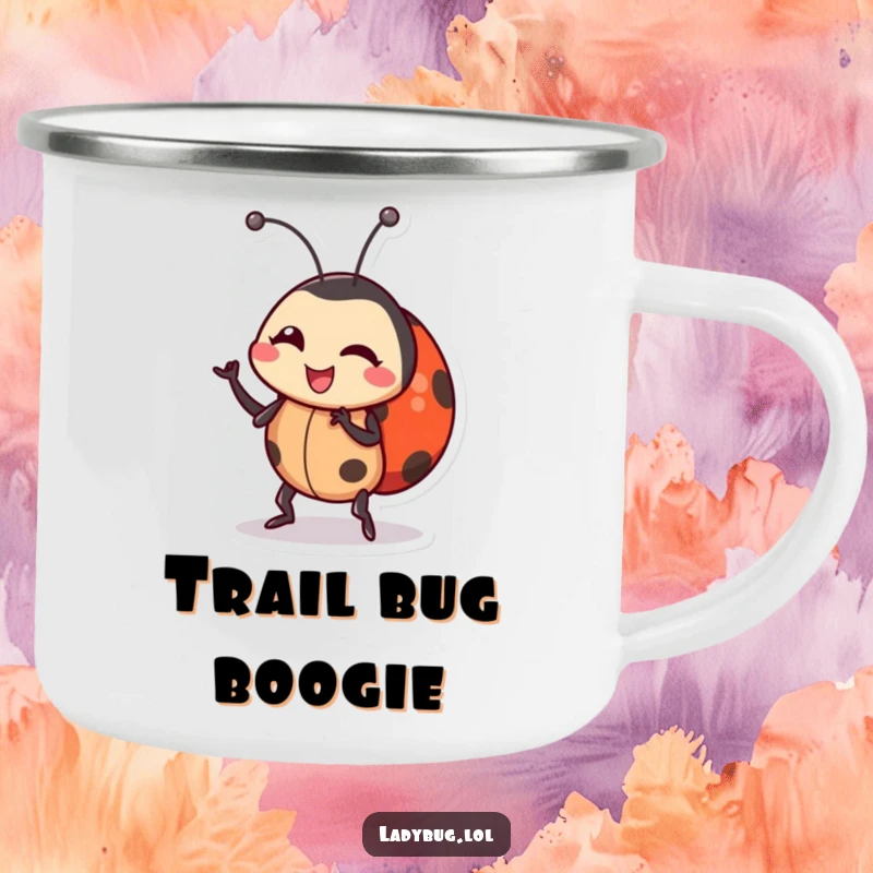Funny ladybug camping mug featuring a whimsical ladybug character doing a silly dance, wiggling its body, perfect for campfire mornings.