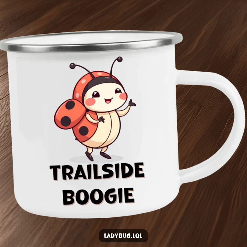 Funny ladybug camping mug featuring a cute character doing a happy dance, durable for adventures and filled with playful humor.