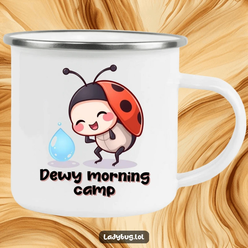 Funny ladybug camping mug showing a jovial insect character playfully bumping into a dewdrop, ready for outdoor smiles.