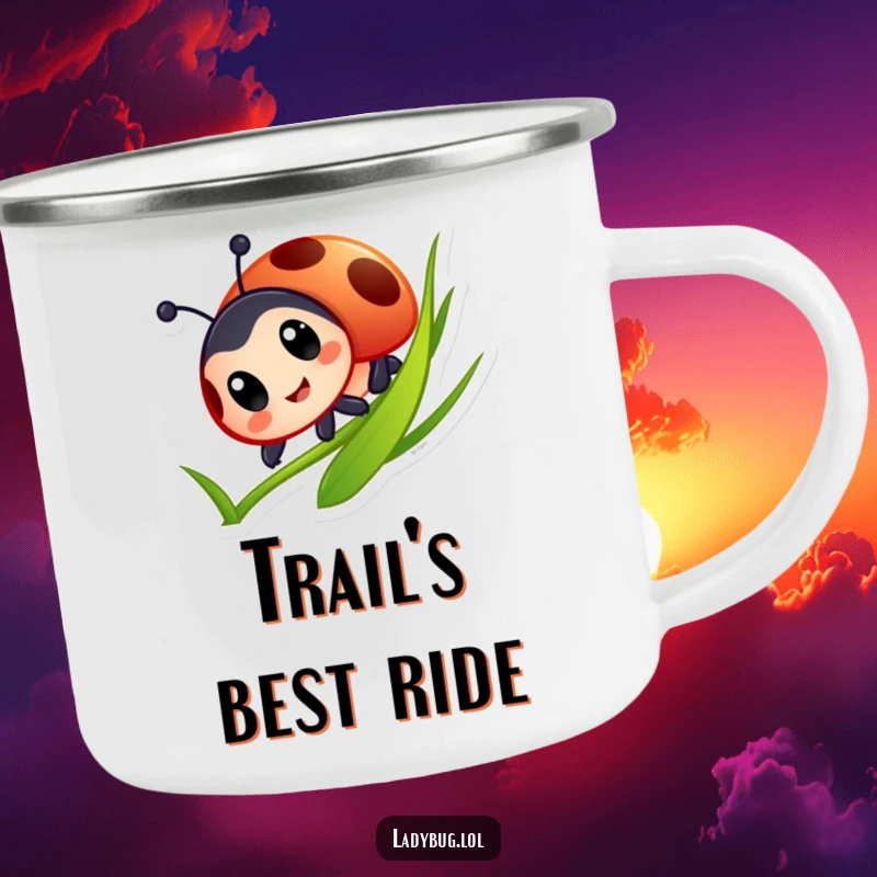Funny Ladybug Camping Mug: Durable mug with a ladybug joyfully sliding down a grass blade, perfect for outdoor fun.