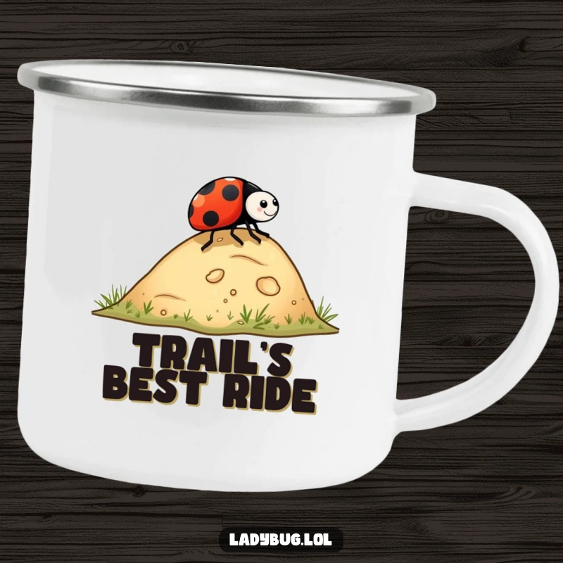 Funny ladybug camping mug, a ladybug rolling playfully down a hill, designed for outdoor adventures with a humorous and adventurous bug theme.