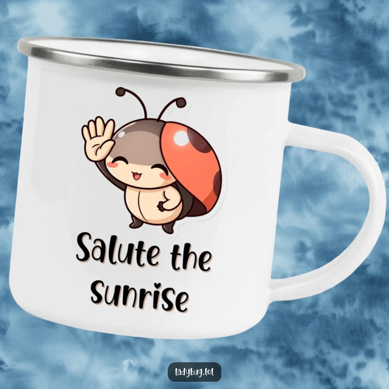 Funny Camping Mug: Delighted ladybug character giving a small salute, perfect for enjoying drinks outdoors.