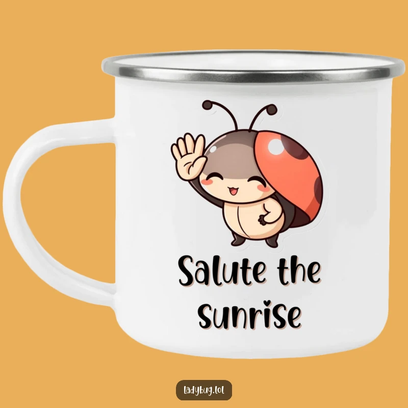 Funny Ladybug Salute Camping Mug: Delighted Character's Tiny Toast to the Outdoors!