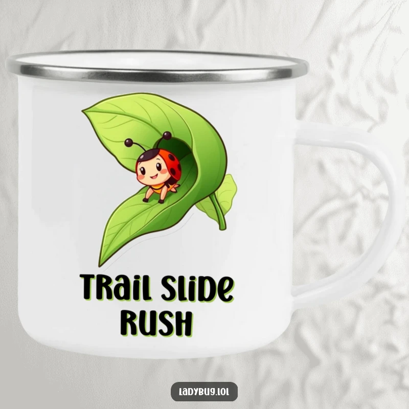 Funny ladybug camping mug showing a cheerful insect character zooming down a leaf like a slide, ready for outdoor fun.