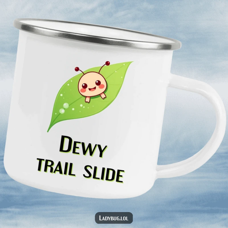 Funny ladybug sliding camping mug, the character joyfully sliding down a dewy leaf, perfect for outdoor fun.