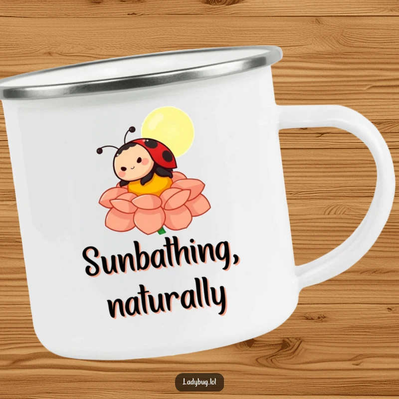 Funny ladybug camping mug featuring a happy character sunbathing on a flower petal, durable for outdoor use with a humorous design.