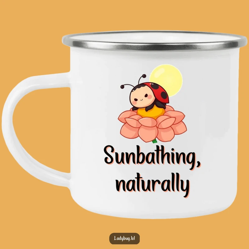 Funny Ladybug Sunbathing Camping Mug: Outdoor Character on Flower Petal, Rugged Funny Gift