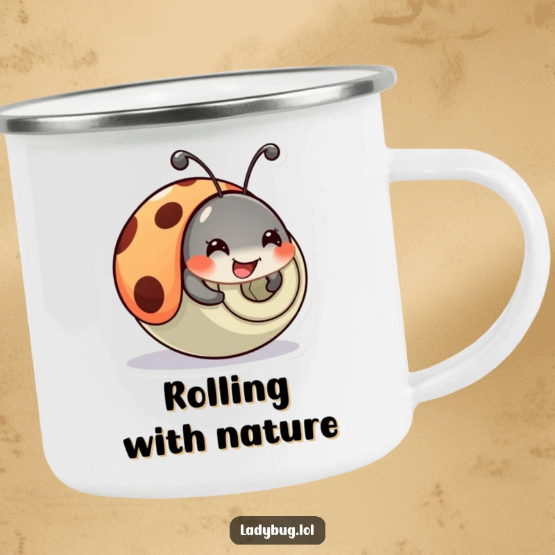 Funny Ladybug Camping Mug: A happy ladybug comically tumbles and rolls, designed for outdoor fun and laughs.