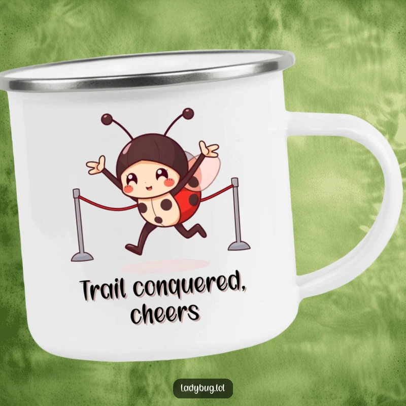 Funny Camping Mug: Victorious ladybug character crossing an imaginary finish line, perfect for celebrating outdoor wins.