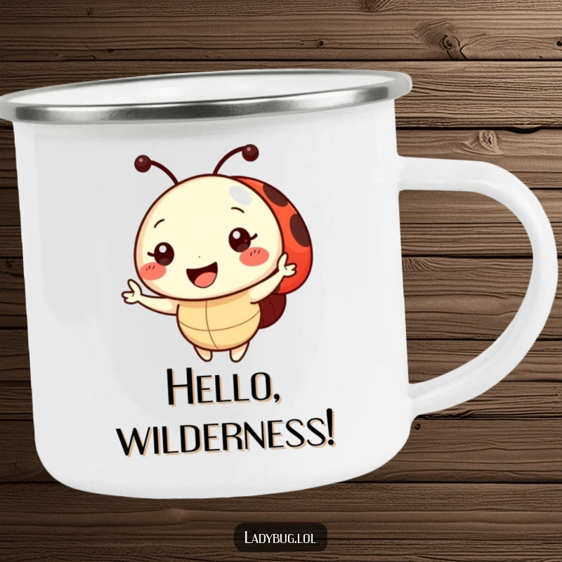 Funny Camping Mug with a smiling ladybug character giving a friendly wave, designed for outdoor adventures and cheerful sips.