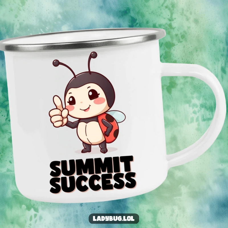 Funny camping mug featuring a proud ladybug giving a thumbs up, perfect for celebrating outdoor achievements.
