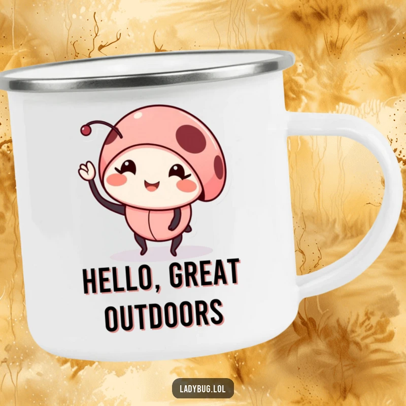 Funny smiling ladybug camping mug showing a bug waving a leg, durable and cheerful for outdoor activities.
