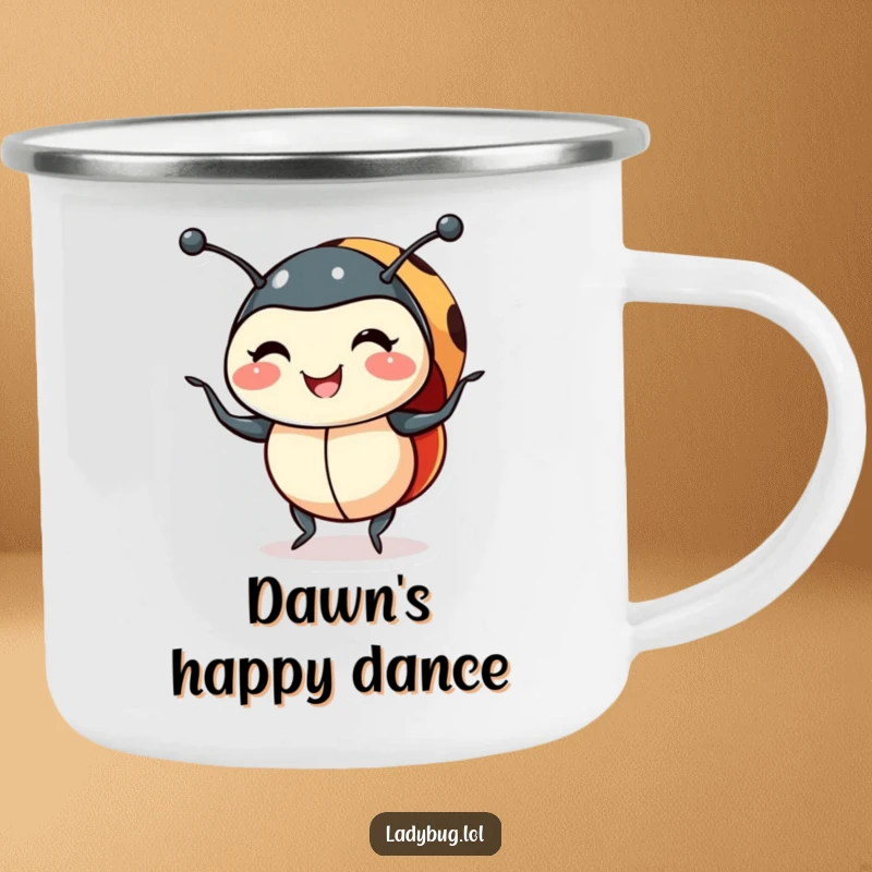 Funny smiling ladybug camping mug, a ladybug doing a happy shimmy, designed for outdoor adventures with a humorous and cheerful bug theme.