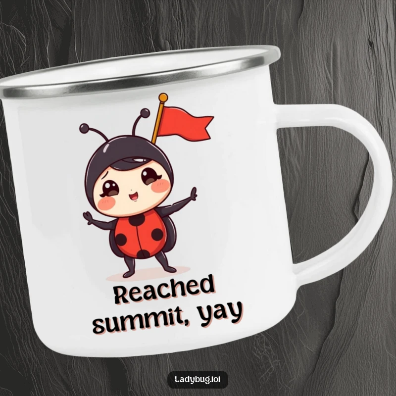 Funny ladybug camping mug decorated with a comically triumphant ladybug holding a tiny flag, embodying outdoor victory and humor.