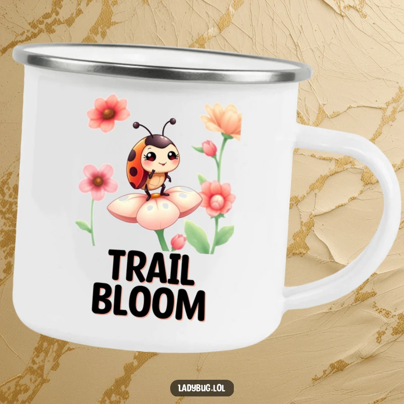 Funny ladybug camping mug showing a proud ladybug giving a playful wink while standing on a flower petal, for outdoor use.