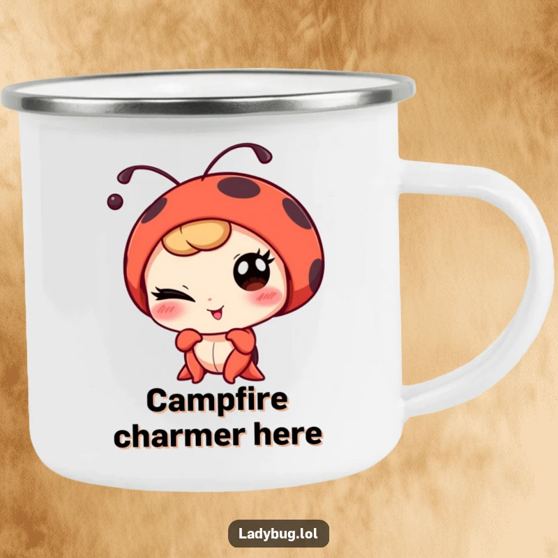Funny winking ladybug character playfully posing for a portrait, on a durable and humorous camping mug.