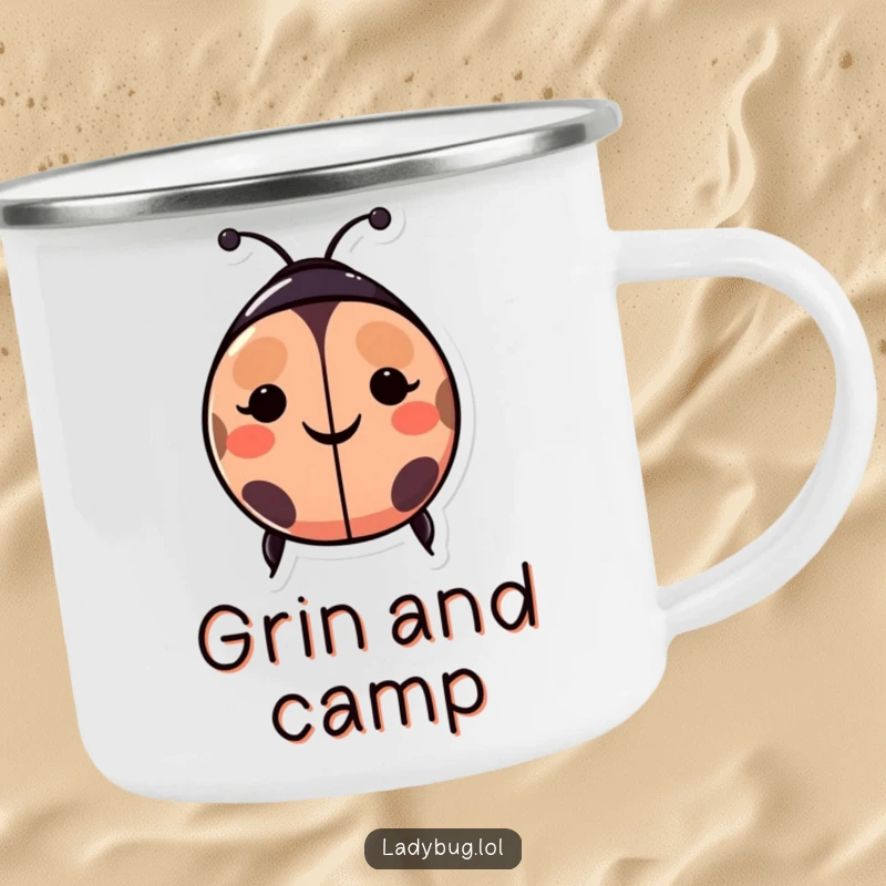 Funny ladybug camping mug: a happy ladybug character with spots forming a smiley face, perfect for happy campers and cheerful mornings.