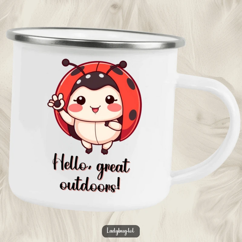 Funny ladybug camping mug showing a ladybug waving a leg, durable for adventures, a humorous gift for outdoor enthusiasts.