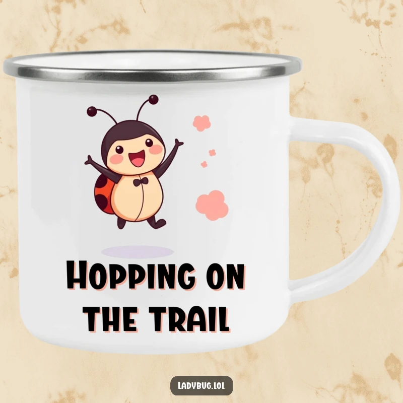 Funny jumping ladybug camping mug showing a bug leaping, durable and cheerful for outdoor activities.