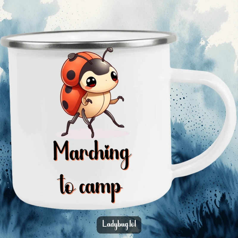 Funny ladybug camping mug with a tiny character marching forward with determined legs, perfect for outdoor trips and motivational vibes.