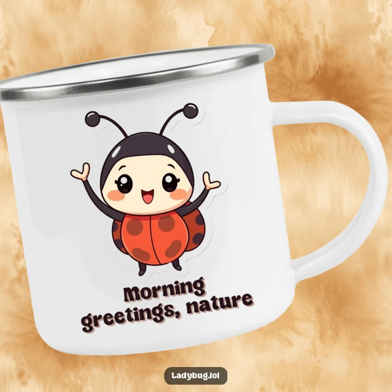 Funny ladybug camping mug showing a happy bug enthusiastically waving its antennae. Durable and humorous for campers.