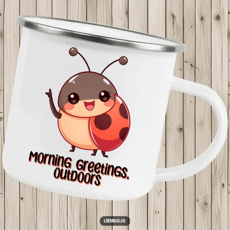 Funny Ladybug Antennae Camping Mug showing a cheerful ladybug waving, perfect for outdoor enthusiasts with a friendly spirit.