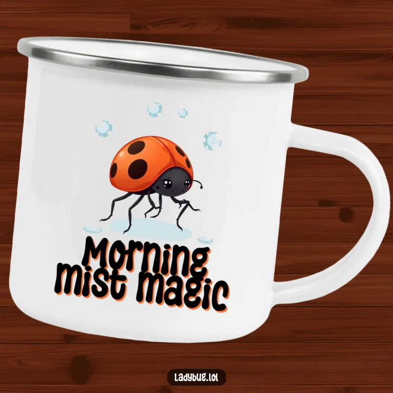 Funny Ladybug Dewdrop Camping Mug: A giggling ladybug comically juggles dewdrops, perfect for charming outdoor enjoyment. Rugged and adorable.