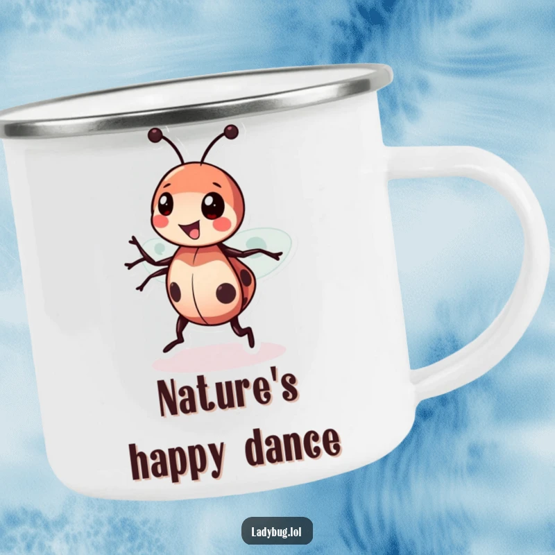Funny Ladybug Spin Camping Mug showing a happy ladybug in a spin, perfect for outdoor enthusiasts with a cheerful spirit.